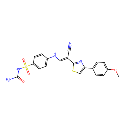(E)-N-carbamoyl-4-((2-cyano-2-(4-(4-methoxyphenyl)thiazol-2-yl)vinyl)amino)benzenesulfonamide structure