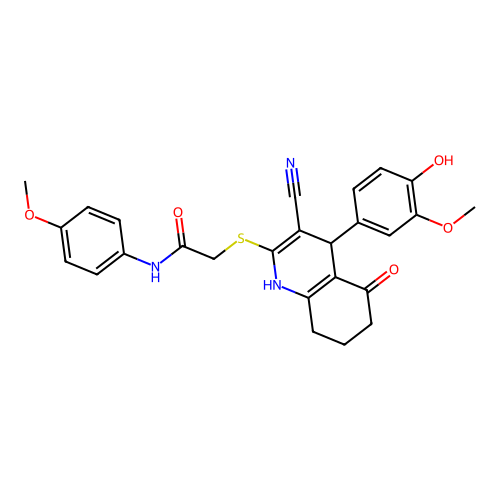 2-((3-cyano-4-(4-hydroxy-3-methoxyphenyl)-5-oxo-1,4,5,6,7,8-hexahydroquinolin-2-yl)thio)-N-(4-methoxyphenyl)acetamide structure
