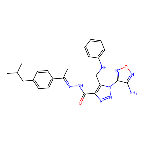(E)-1-(4-amino-1,2,5-oxadiazol-3-yl)-N'-(1-(4-isobutylphenyl)ethylidene)-5-((phenylamino)methyl)-1H-1,2,3-triazole-4-carbohydrazide structure
