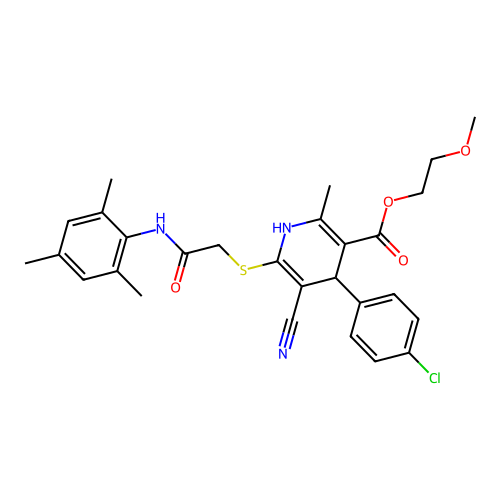 2-methoxyethyl 4-(4-chlorophenyl)-5-cyano-2-methyl-6-({2-oxo-2-[(2,4,6-trimethylphenyl)amino]ethyl}sulfanyl)-1,4-dihydropyridine-3-carboxylate structure
