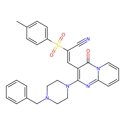 (2E)-3-[2-(4-benzylpiperazin-1-yl)-4-oxo-4H-pyrido[1,2-a]pyrimidin-3-yl]-2-[(4-methylphenyl)sulfonyl]prop-2-enenitrile structure