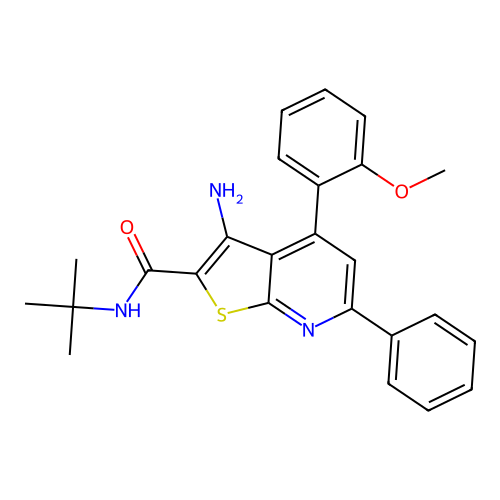 3-amino-N-tert-butyl-4-(2-methoxyphenyl)-6-phenylthieno[2,3-b]pyridine-2-carboxamide structure