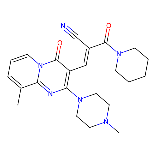 (2E)-3-[9-methyl-2-(4-methylpiperazin-1-yl)-4-oxo-4H-pyrido[1,2-a]pyrimidin-3-yl]-2-(piperidin-1-ylcarbonyl)prop-2-enenitrile structure