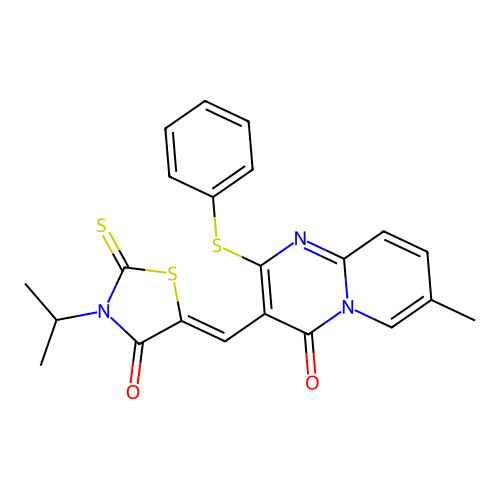 (Z)-3-isopropyl-5-((7-methyl-4-oxo-2-(phenylthio)-4H-pyrido[1,2-a]pyrimidin-3-yl)methylene)-2-thioxothiazolidin-4-one structure