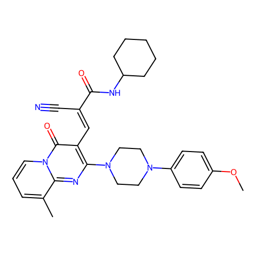 (2E)-2-cyano-N-cyclohexyl-3-{2-[4-(4-methoxyphenyl)piperazin-1-yl]-9-methyl-4-oxo-4H-pyrido[1,2-a]pyrimidin-3-yl}prop-2-enamide structure