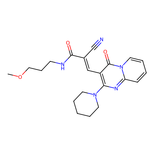 (2E)-2-cyano-N-(3-methoxypropyl)-3-[4-oxo-2-(piperidin-1-yl)-4H-pyrido[1,2-a]pyrimidin-3-yl]prop-2-enamide structure