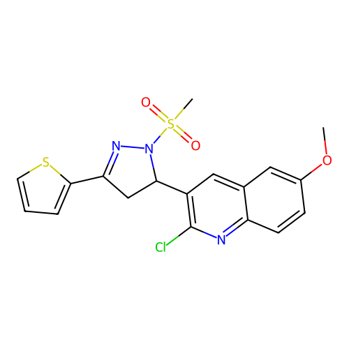 2-chloro-6-methoxy-3-(2-methylsulfonyl-5-thiophen-2-yl-3,4-dihydropyrazol-3-yl)quinoline structure