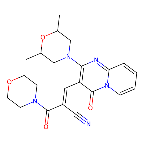 (2E)-3-[2-(2,6-dimethylmorpholin-4-yl)-4-oxo-4H-pyrido[1,2-a]pyrimidin-3-yl]-2-(morpholin-4-ylcarbonyl)prop-2-enenitrile structure