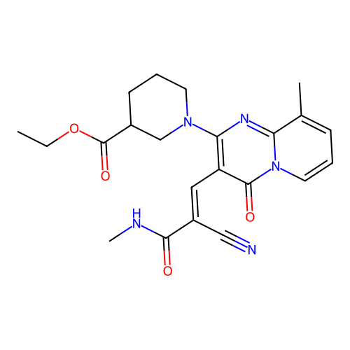 (E)-ethyl 1-(3-(2-cyano-3-(methylamino)-3-oxoprop-1-en-1-yl)-9-methyl-4-oxo-4H-pyrido[1,2-a]pyrimidin-2-yl)piperidine-3-carboxylate structure