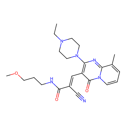 (2E)-2-cyano-3-[2-(4-ethylpiperazin-1-yl)-9-methyl-4-oxo-4H-pyrido[1,2-a]pyrimidin-3-yl]-N-(3-methoxypropyl)prop-2-enamide structure