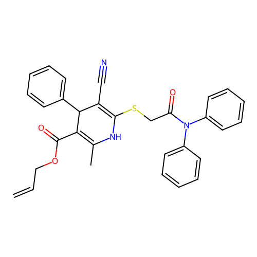 allyl 5-cyano-6-((2-(diphenylamino)-2-oxoethyl)thio)-2-methyl-4-phenyl-1,4-dihydropyridine-3-carboxylate structure