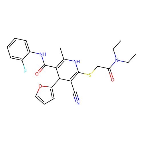 5-cyano-6-((2-(diethylamino)-2-oxoethyl)thio)-N-(2-fluorophenyl)-4-(furan-2-yl)-2-methyl-1,4-dihydropyridine-3-carboxamide structure