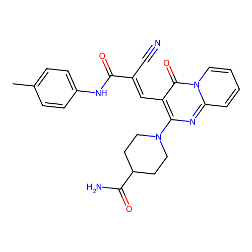 (E)-1-(3-(2-cyano-3-oxo-3-(p-tolylamino)prop-1-en-1-yl)-4-oxo-4H-pyrido[1,2-a]pyrimidin-2-yl)piperidine-4-carboxamide structure