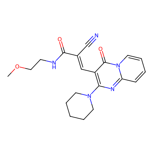 (2E)-2-cyano-N-(2-methoxyethyl)-3-[4-oxo-2-(piperidin-1-yl)-4H-pyrido[1,2-a]pyrimidin-3-yl]prop-2-enamide structure