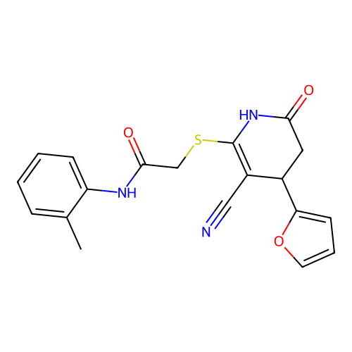 2-((3-cyano-4-(furan-2-yl)-6-oxo-1,4,5,6-tetrahydropyridin-2-yl)thio)-N-(o-tolyl)acetamide structure