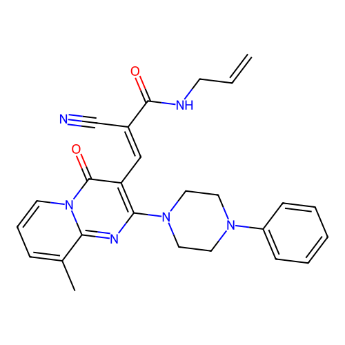 (2E)-2-cyano-3-[9-methyl-4-oxo-2-(4-phenylpiperazin-1-yl)-4H-pyrido[1,2-a]pyrimidin-3-yl]-N-(prop-2-en-1-yl)prop-2-enamide structure