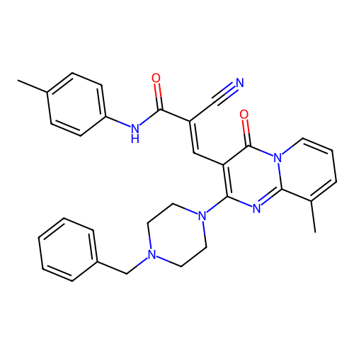 (2E)-3-[2-(4-benzylpiperazin-1-yl)-9-methyl-4-oxo-4H-pyrido[1,2-a]pyrimidin-3-yl]-2-cyano-N-(4-methylphenyl)prop-2-enamide structure
