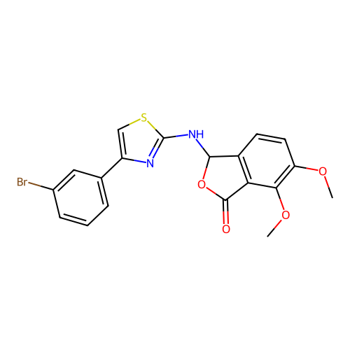 3-((4-(3-bromophenyl)thiazol-2-yl)amino)-6,7-dimethoxyisobenzofuran-1(3H)-one structure