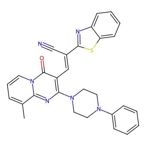 (2E)-2-(1,3-benzothiazol-2-yl)-3-[9-methyl-4-oxo-2-(4-phenylpiperazin-1-yl)-4H-pyrido[1,2-a]pyrimidin-3-yl]prop-2-enenitrile structure