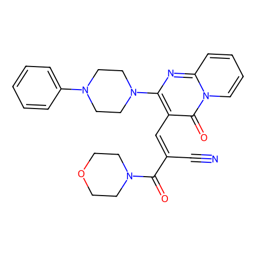 (2E)-2-(morpholin-4-ylcarbonyl)-3-[4-oxo-2-(4-phenylpiperazin-1-yl)-4H-pyrido[1,2-a]pyrimidin-3-yl]prop-2-enenitrile structure