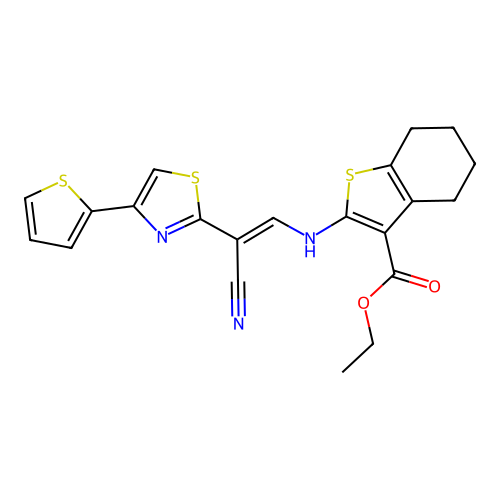 (E)-ethyl 2-((2-cyano-2-(4-(thiophen-2-yl)thiazol-2-yl)vinyl)amino)-4,5,6,7-tetrahydrobenzo[b]thiophene-3-carboxylate structure