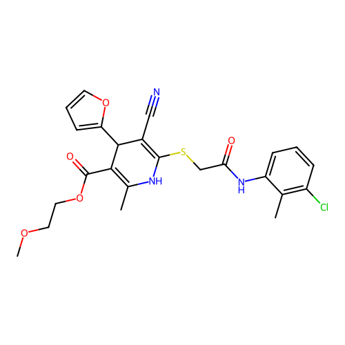 2-methoxyethyl 6-((2-((3-chloro-2-methylphenyl)amino)-2-oxoethyl)thio)-5-cyano-4-(furan-2-yl)-2-methyl-1,4-dihydropyridine-3-carboxylate structure