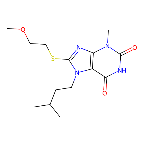 7-isopentyl-8-((2-methoxyethyl)thio)-3-methyl-1H-purine-2,6(3H,7H)-dione structure