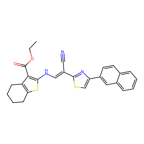 (E)-ethyl 2-((2-cyano-2-(4-(naphthalen-2-yl)thiazol-2-yl)vinyl)amino)-4,5,6,7-tetrahydrobenzo[b]thiophene-3-carboxylate structure