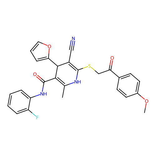 5-cyano-N-(2-fluorophenyl)-4-(furan-2-yl)-6-((2-(4-methoxyphenyl)-2-oxoethyl)thio)-2-methyl-1,4-dihydropyridine-3-carboxamide structure