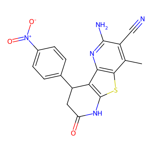 2-amino-4-methyl-9-(4-nitrophenyl)-7-oxo-6,7,8,9-tetrahydrothieno[2,3-b:4,5-b']dipyridine-3-carbonitrile structure