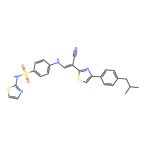 (E)-4-((2-cyano-2-(4-(4-isobutylphenyl)thiazol-2-yl)vinyl)amino)-N-(thiazol-2-yl)benzenesulfonamide structure