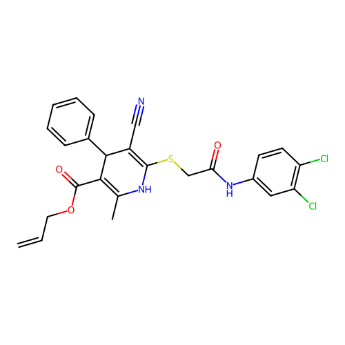 allyl 5-cyano-6-((2-((3,4-dichlorophenyl)amino)-2-oxoethyl)thio)-2-methyl-4-phenyl-1,4-dihydropyridine-3-carboxylate structure