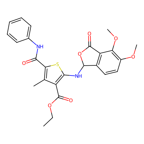 ethyl 2-((4,5-dimethoxy-3-oxo-1,3-dihydroisobenzofuran-1-yl)amino)-4-methyl-5-(phenylcarbamoyl)thiophene-3-carboxylate structure