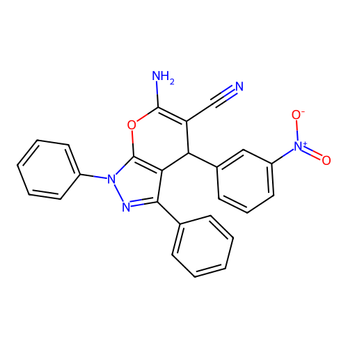 6-amino-4-(3-nitrophenyl)-1,3-diphenyl-1,4-dihydropyrano[2,3-c]pyrazole-5-carbonitrile structure
