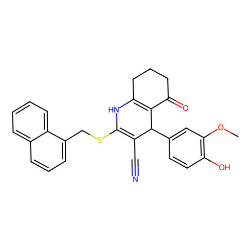 4-(4-hydroxy-3-methoxyphenyl)-2-((naphthalen-1-ylmethyl)thio)-5-oxo-1,4,5,6,7,8-hexahydroquinoline-3-carbonitrile structure
