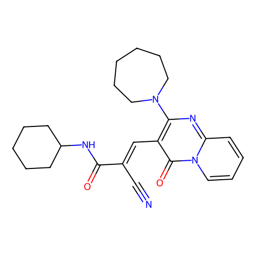 (2E)-3-[2-(azepan-1-yl)-4-oxo-4H-pyrido[1,2-a]pyrimidin-3-yl]-2-cyano-N-cyclohexylprop-2-enamide structure