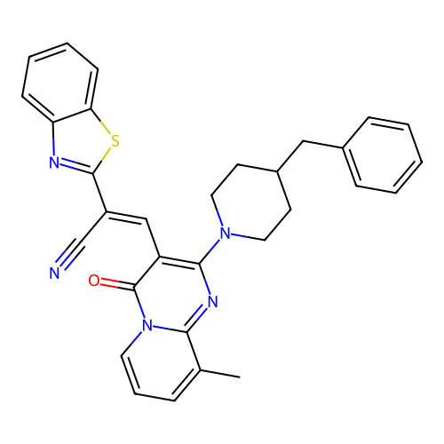 (2E)-2-(1,3-benzothiazol-2-yl)-3-[2-(4-benzylpiperidin-1-yl)-9-methyl-4-oxo-4H-pyrido[1,2-a]pyrimidin-3-yl]prop-2-enenitrile structure