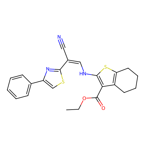 (Z)-ethyl 2-((2-cyano-2-(4-phenylthiazol-2-yl)vinyl)amino)-4,5,6,7-tetrahydrobenzo[b]thiophene-3-carboxylate structure