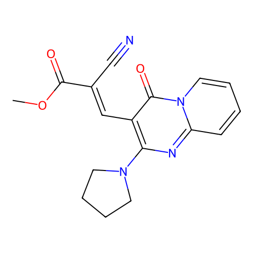 (E)-methyl 2-cyano-3-(4-oxo-2-(pyrrolidin-1-yl)-4H-pyrido[1,2-a]pyrimidin-3-yl)acrylate structure