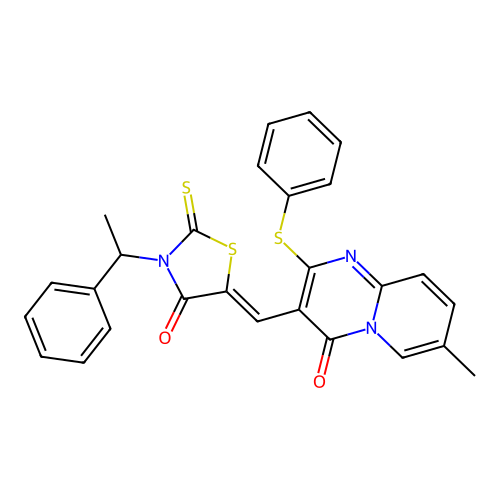 7-methyl-3-{(Z)-[4-oxo-3-(1-phenylethyl)-2-thioxo-1,3-thiazolidin-5-ylidene]methyl}-2-(phenylsulfanyl)-4H-pyrido[1,2-a]pyrimidin-4-one structure