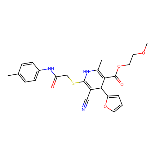 2-methoxyethyl 5-cyano-4-(furan-2-yl)-2-methyl-6-((2-oxo-2-(p-tolylamino)ethyl)thio)-1,4-dihydropyridine-3-carboxylate structure