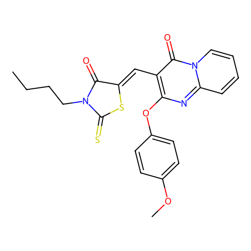 3-[(Z)-(3-butyl-4-oxo-2-thioxo-1,3-thiazolidin-5-ylidene)methyl]-2-(4-methoxyphenoxy)-4H-pyrido[1,2-a]pyrimidin-4-one structure