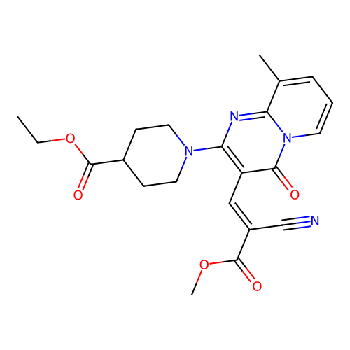 (E)-ethyl 1-(3-(2-cyano-3-methoxy-3-oxoprop-1-en-1-yl)-9-methyl-4-oxo-4H-pyrido[1,2-a]pyrimidin-2-yl)piperidine-4-carboxylate structure