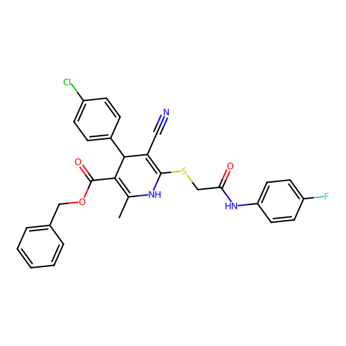 benzyl 4-(4-chlorophenyl)-5-cyano-6-((2-((4-fluorophenyl)amino)-2-oxoethyl)thio)-2-methyl-1,4-dihydropyridine-3-carboxylate structure