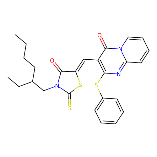 3-{(Z)-[3-(2-ethylhexyl)-4-oxo-2-thioxo-1,3-thiazolidin-5-ylidene]methyl}-2-(phenylsulfanyl)-4H-pyrido[1,2-a]pyrimidin-4-one structure