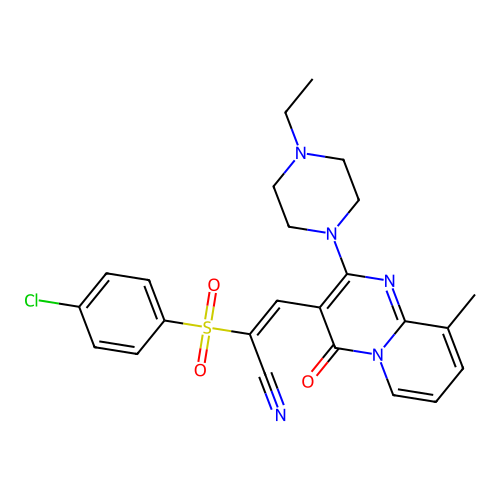 (2E)-2-[(4-chlorophenyl)sulfonyl]-3-[2-(4-ethylpiperazin-1-yl)-9-methyl-4-oxo-4H-pyrido[1,2-a]pyrimidin-3-yl]prop-2-enenitrile structure