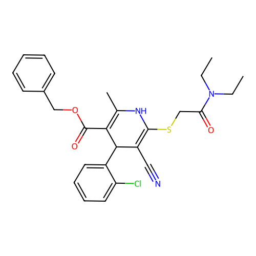 benzyl 4-(2-chlorophenyl)-5-cyano-6-((2-(diethylamino)-2-oxoethyl)thio)-2-methyl-1,4-dihydropyridine-3-carboxylate structure