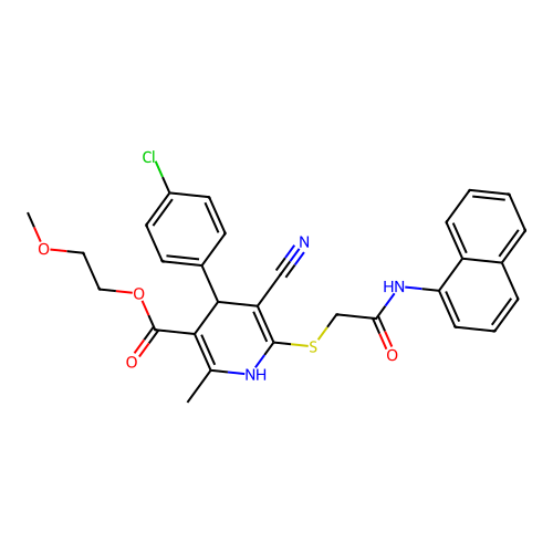 2-methoxyethyl 4-(4-chlorophenyl)-5-cyano-2-methyl-6-((2-(naphthalen-1-ylamino)-2-oxoethyl)thio)-1,4-dihydropyridine-3-carboxylate structure
