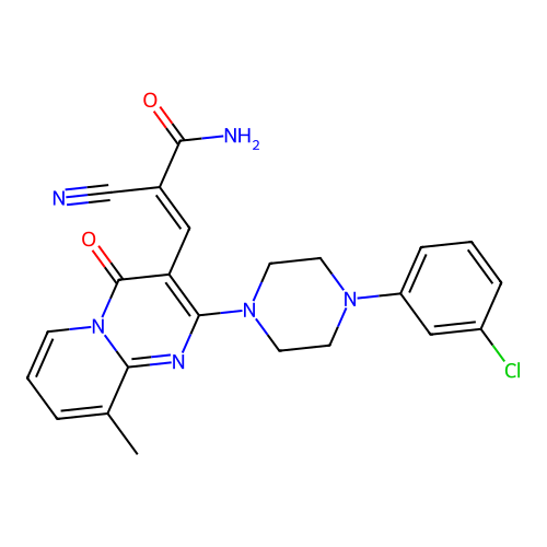 (2E)-3-{2-[4-(3-chlorophenyl)piperazin-1-yl]-9-methyl-4-oxo-4H-pyrido[1,2-a]pyrimidin-3-yl}-2-cyanoprop-2-enamide structure