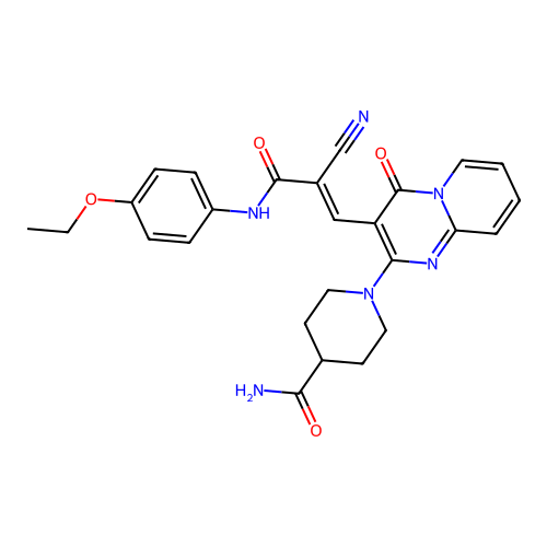 (E)-1-(3-(2-cyano-3-((4-ethoxyphenyl)amino)-3-oxoprop-1-en-1-yl)-4-oxo-4H-pyrido[1,2-a]pyrimidin-2-yl)piperidine-4-carboxamide structure